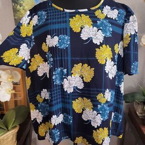 Apt 9 Puff Sleeve Floral any plaid navy blue Blouse Top XL women's plus